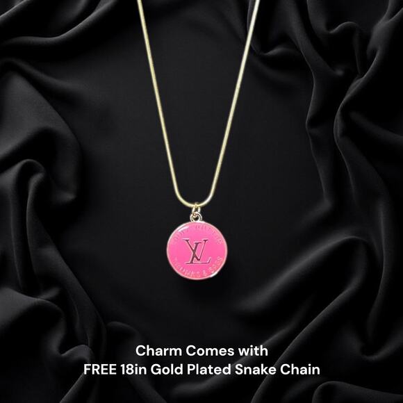 LV Hot Pink Zipper Pull Button Charm with Free 18in Gold Plated Snake Chain - Picture 1 of 4